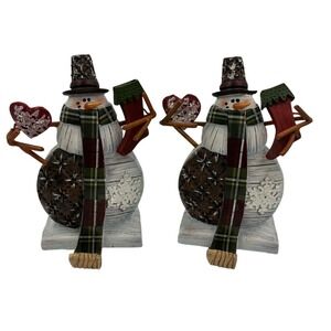 Set of 2 Rustic Snowman Figurines Holiday Tabletop Decor Heart Stocking Holders